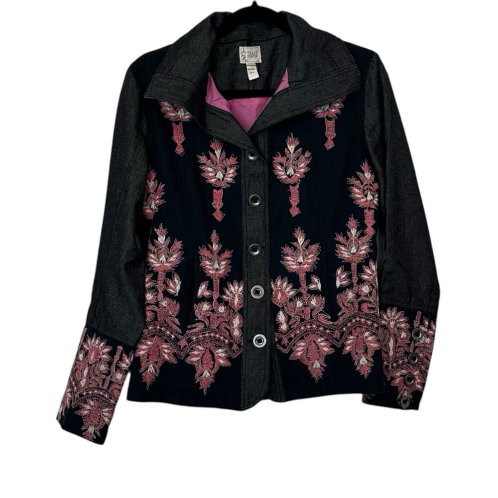 Tracy Porter Black Pink Floral Embroidered Denim Statement Jacket Size 4-6 Artsy